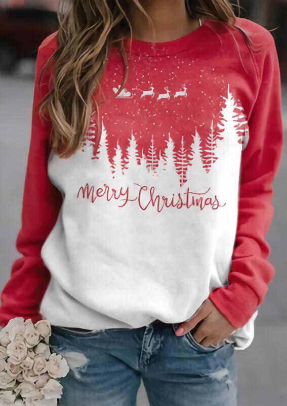 Merry Christmas Reindeer Tree Pullover Sweatshirt - Red
