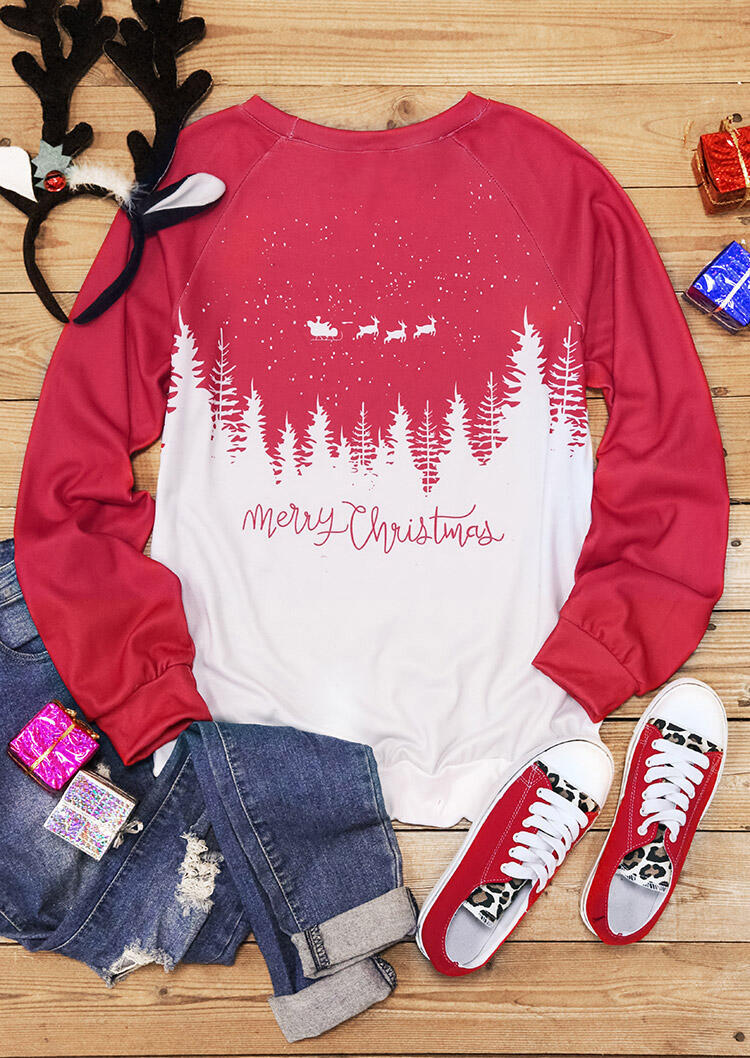 Sweatshirts Merry Christmas Reindeer Tree Pullover Sweatshirt in Red. Size: L,M,S,XL