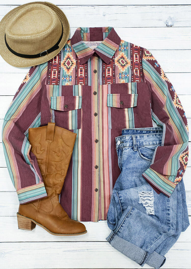 

Shirts Aztec Geometric Western Colorful Striped Button Pocket Shirt in Multicolor. Size: S