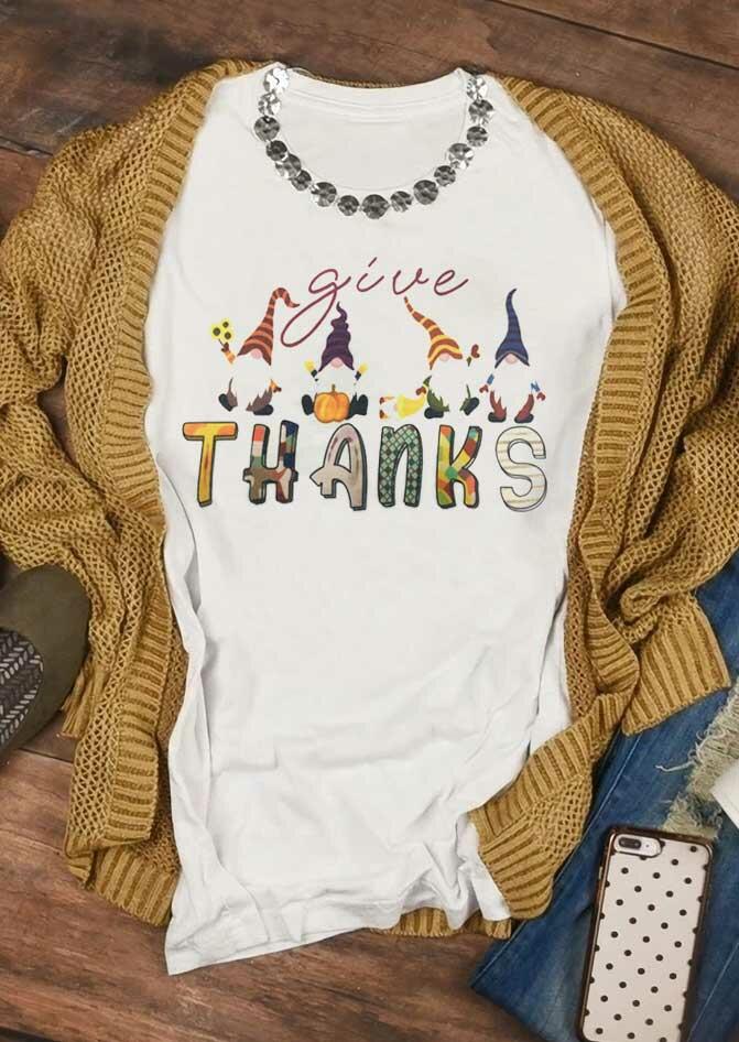 

Thanksgiving Gnomies Pumpkin Give Thanks T-Shirt Tee - White, 486189