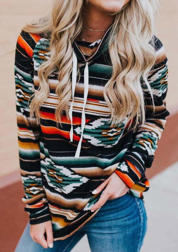 

Striped Aztec Geometric Drawstring Cowl Neck Sweatshirt, Stripe, 486210