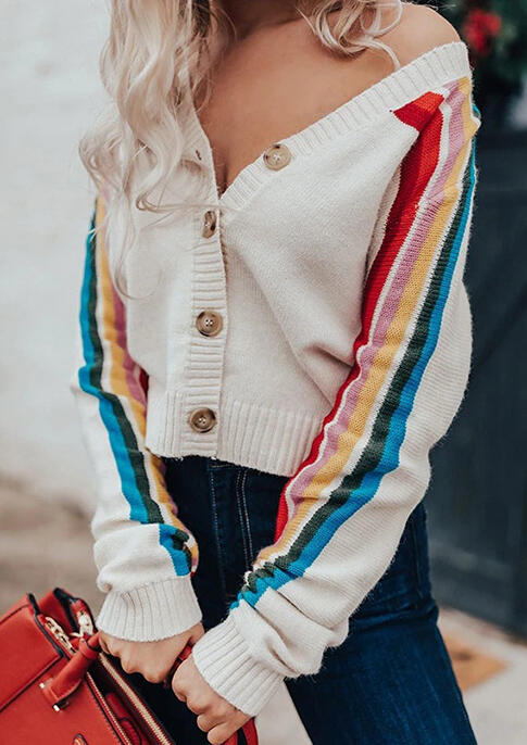 Colorful Striped V-Neck Long Sleeve Sweater - White