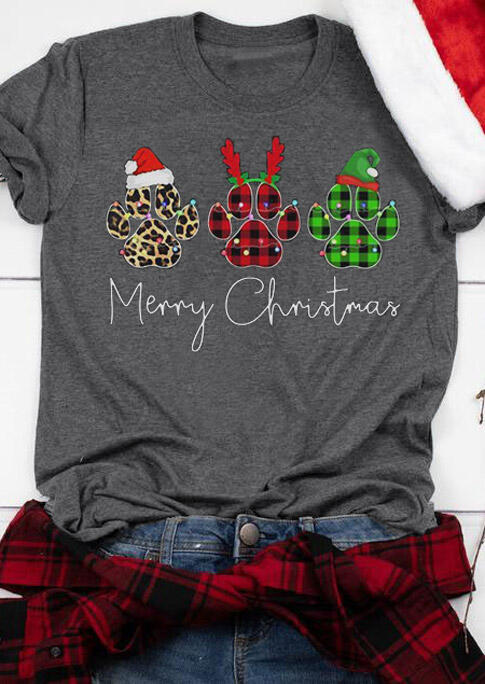 Christmas Dog Paw Leopard Plaid Letter T-Shirt Tee - Dark Grey