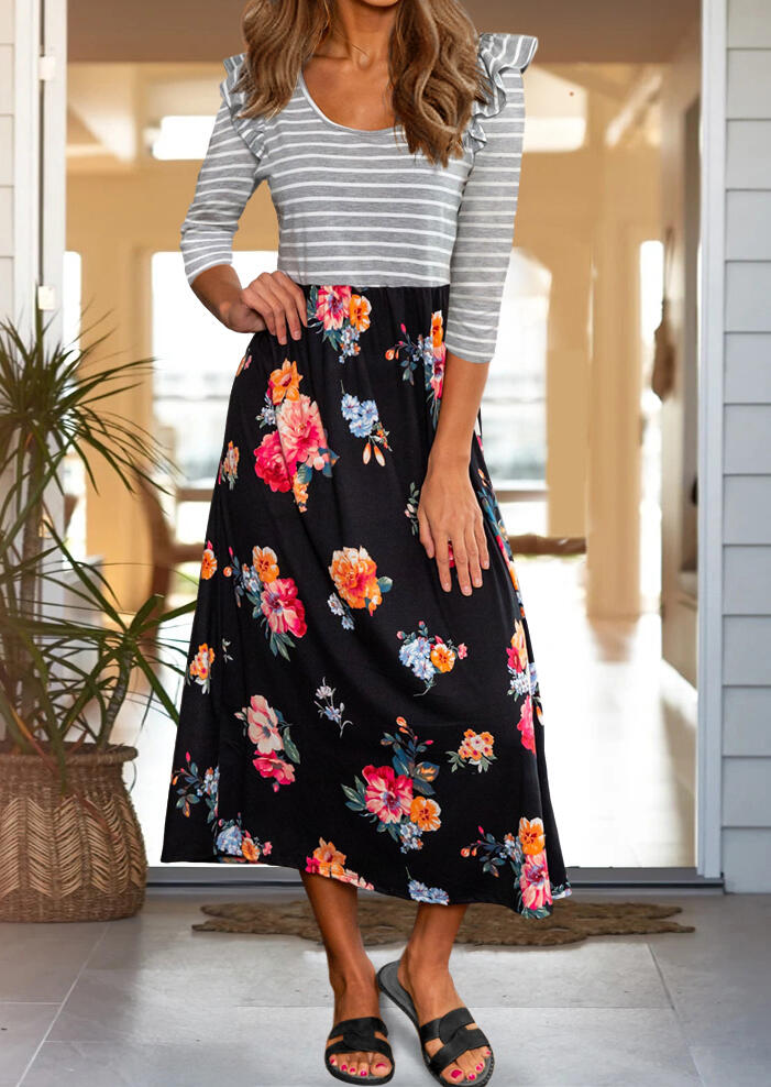 

Casual Dresses Striped Floral Splicing Ruffled Casual Dress in Multicolor. Size: S,M,,XL