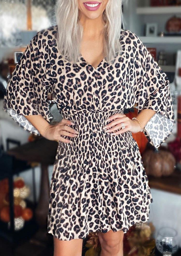 

Leopard Ruffled Elastic Waist V-Neck Mini Dress, 486266