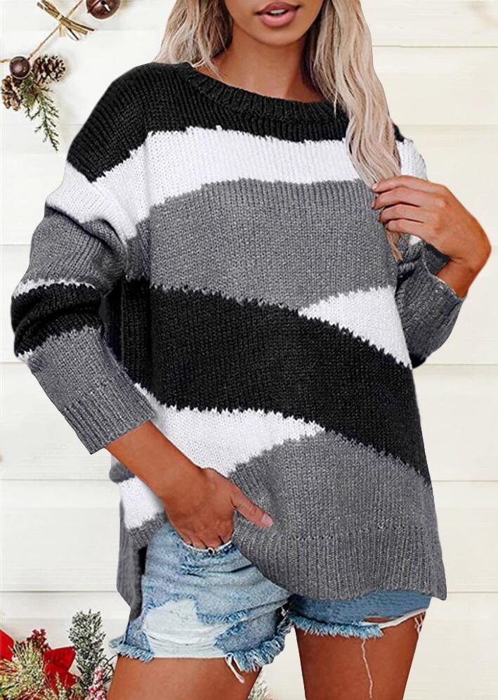 

Color Block Slit Knitted Sweater - Gray, 481830