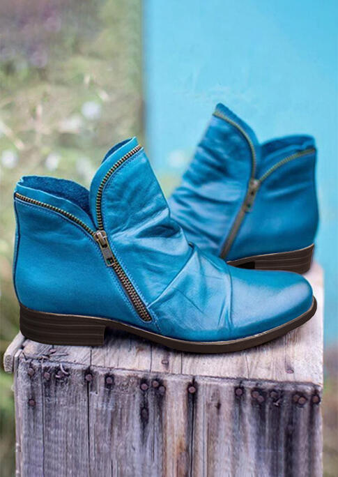 Ruffled Zipper Round Toe Chunky Heel Boots - Blue