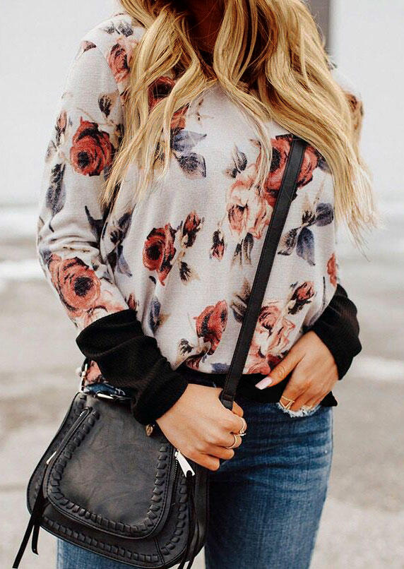 

Floral Splicing Long Sleeve O-Neck Blouse, Multicolor, 486216