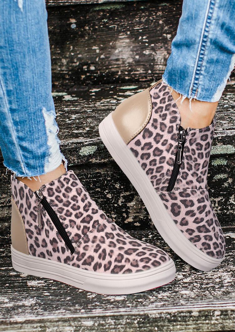 Leopard Splicing Zipper Round Toe Ankle Boots