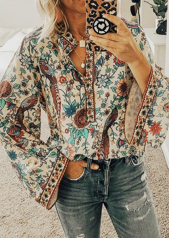 

Peacock Floral V-Neck Long Sleeve Blouse, Multicolor, 486231