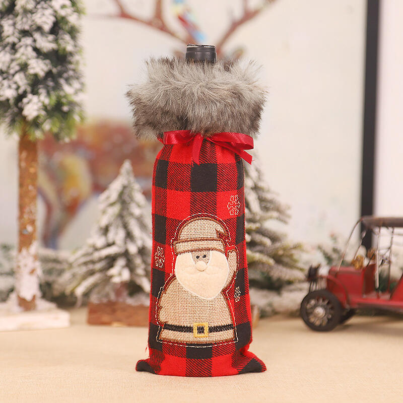 

Christmas Santa Reindeer Buffalo Plaid Plush Wine Bottle Cover, Pattern1;pattern2;pattern3, 486300