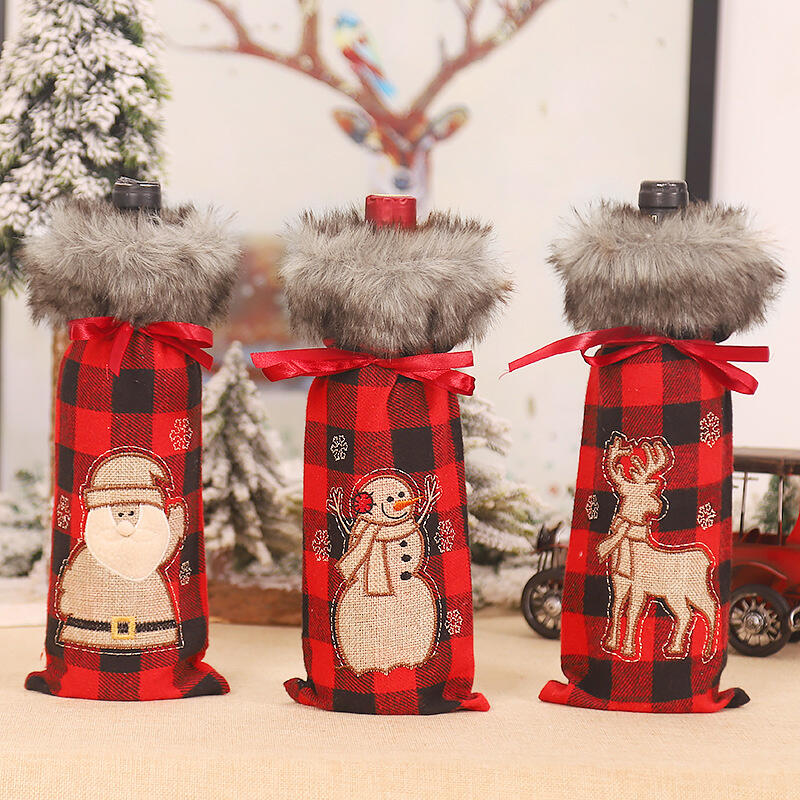 Christmas Santa Reindeer Buffalo Plaid Plush Wine Bottle Cover