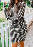 Striped Ruched O-Neck Long Sleeve Bodycon Dress