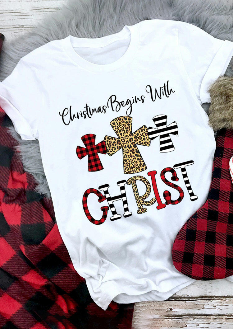 Christmas Begins with Christ Plaid Leopard Striped Cross T-Shirt Tee - White