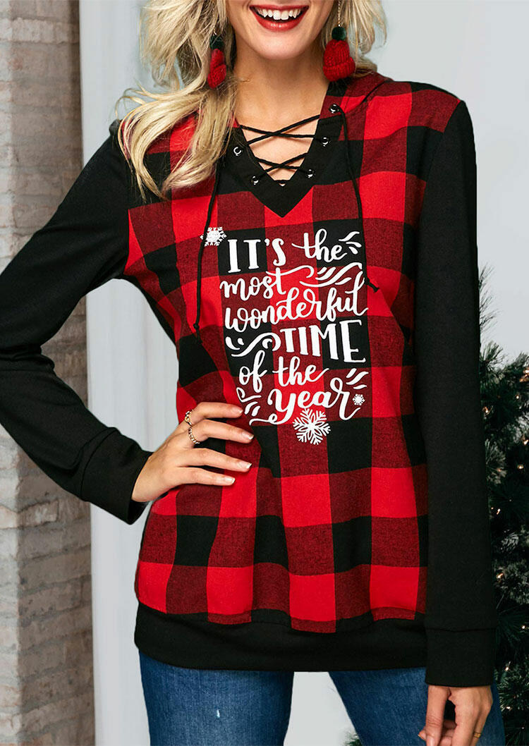 

Hoodies Christmas Buffalo Plaid Wonderful Time Lace Up Hoodie in Red. Size