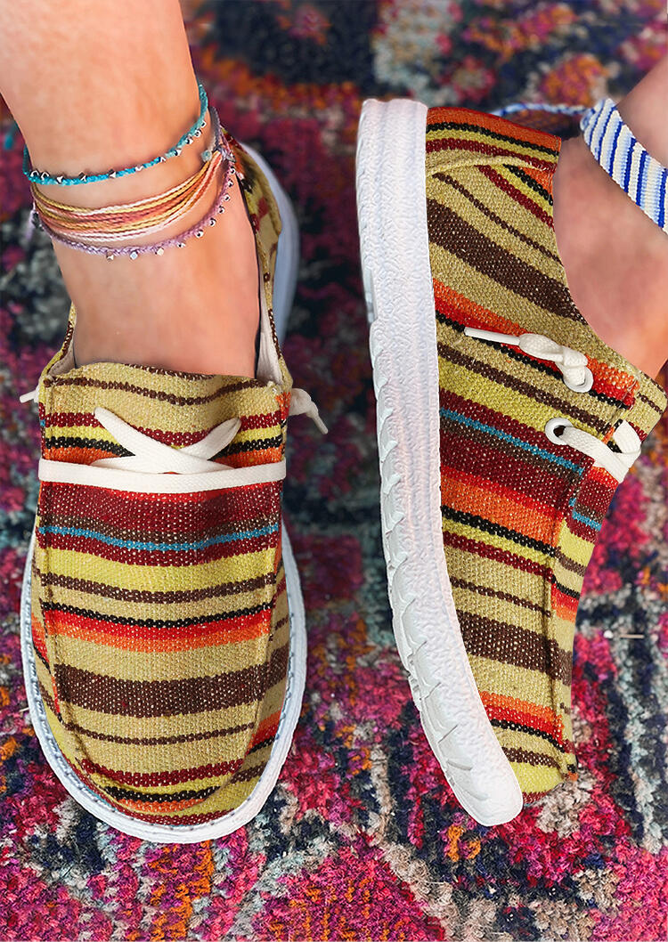 

Sneakers Colorful Striped Lace Up Round Toe Flat Sneakers in Multicolor. Size