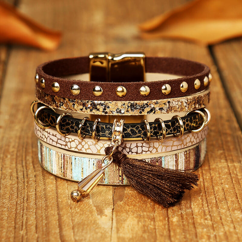 

Leopard Tassel Beading Multi-Layered Leather Bracelet, Brown;gray, 486330