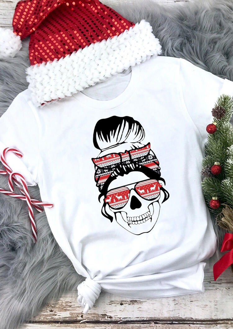 Christmas Mom Life Skull O-Neck T-Shirt Tee - White
