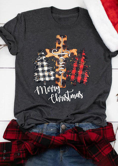 Merry Christmas Jesus Leopard Cross Plaid Tree T-Shirt Tee - Gray