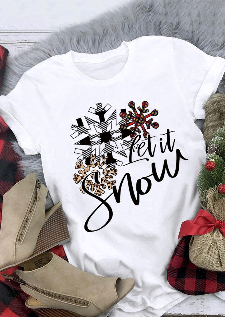 

Christmas Leopard Plaid Snowflake Let It Snow T-Shirt Tee - White, 486351