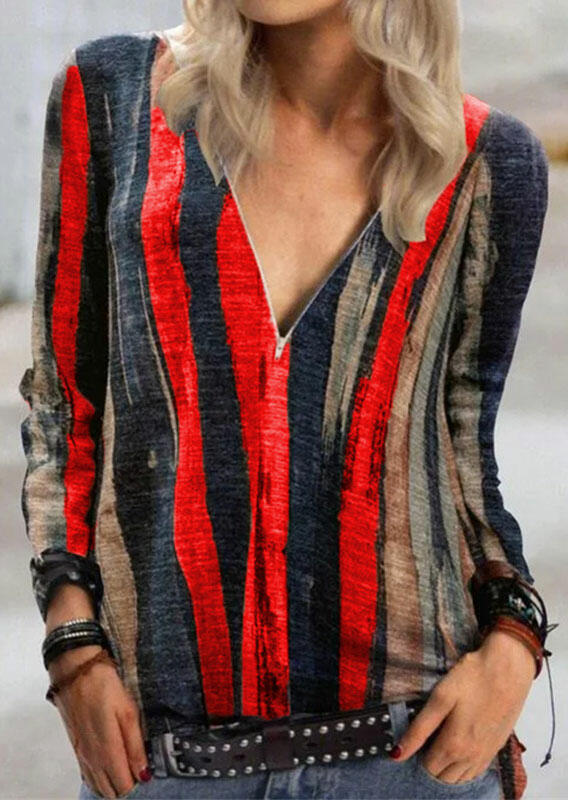 

Blouses Tie Dye V-Neck Zipper Long Sleeve Blouse in Red. Size