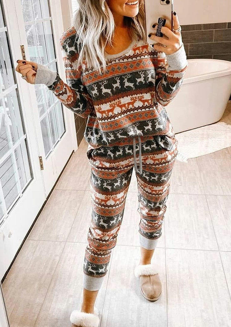 

Christmas Reindeer Blouse And Drawstring Pants Pajamas Set, Multicolor, 486379