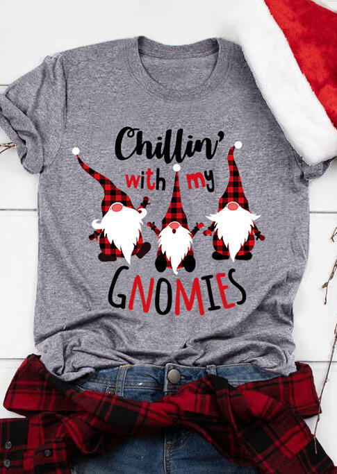 

Christmas Chillin' With My Gnomies Plaid T-Shirt Tee - Gray, 486419