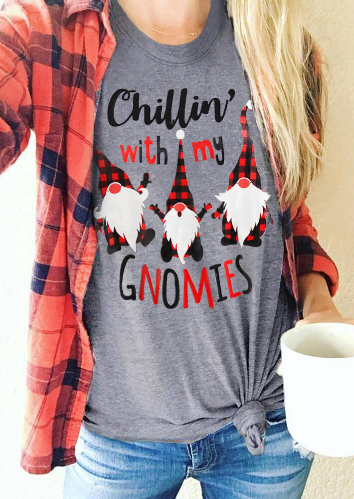 Christmas Chillin' With My Gnomies Plaid T-Shirt Tee - Gray