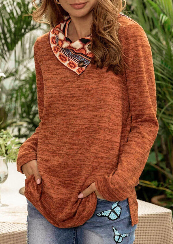

Aztec Geometric Splicing Slit Long Sleeve Blouse - Orange, 486429