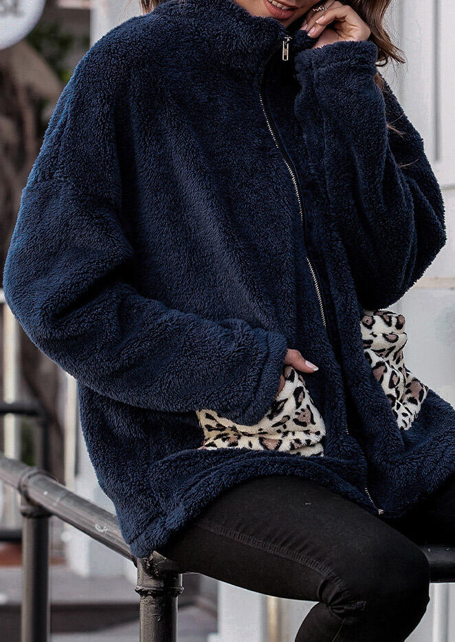 

Coats Leopard Pocket Zipper Fleece Coat in Navy Blue. Size