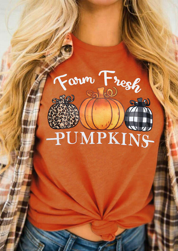 Thanksgiving Farm Fresh Leopard Plaid Pumpkins T-Shirt Tee - Orange