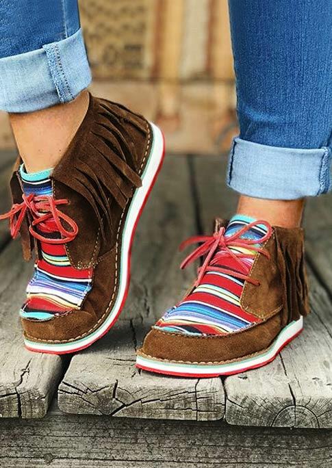 Serape Striped Tassel Splicing Lace Up Flat Sneakers - Brown