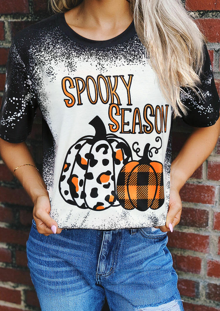 

Tees T-shirts Spooky Season Leopard Plaid Pumpkin Bleached T-Shirt Tee in Black. Size