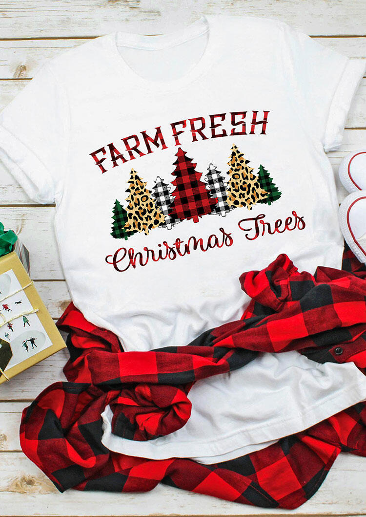 Farm Fresh Christmas Trees Leopard Plaid T-Shirt Tee - White