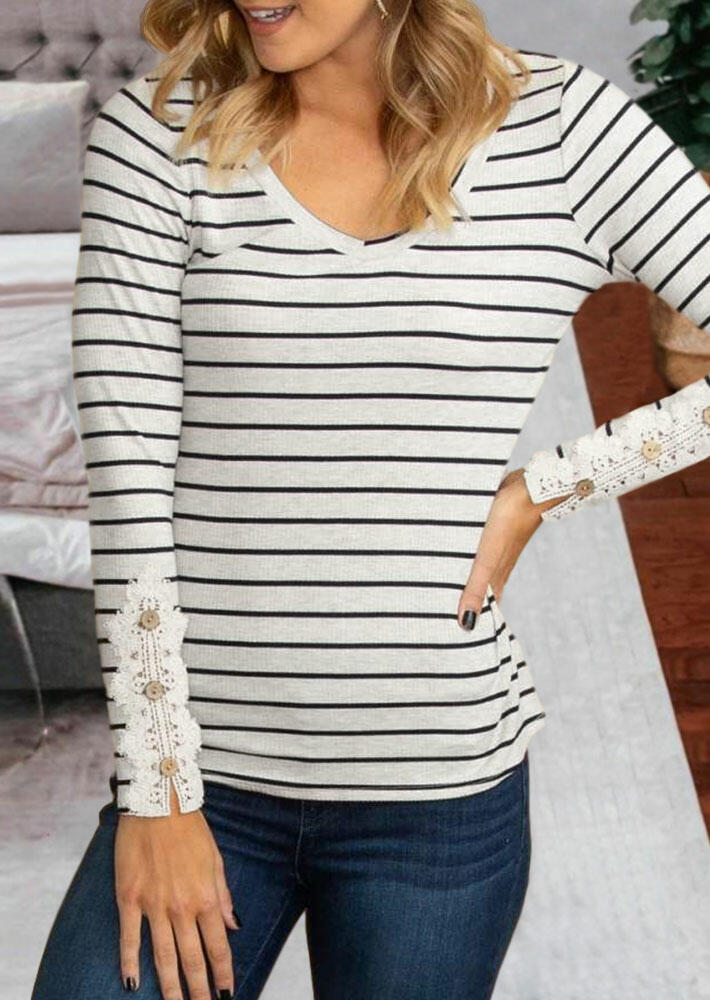 

Blouses Striped Lace Button Splicing V-Neck Blouse in Stripe. Size: ,M,L,XL