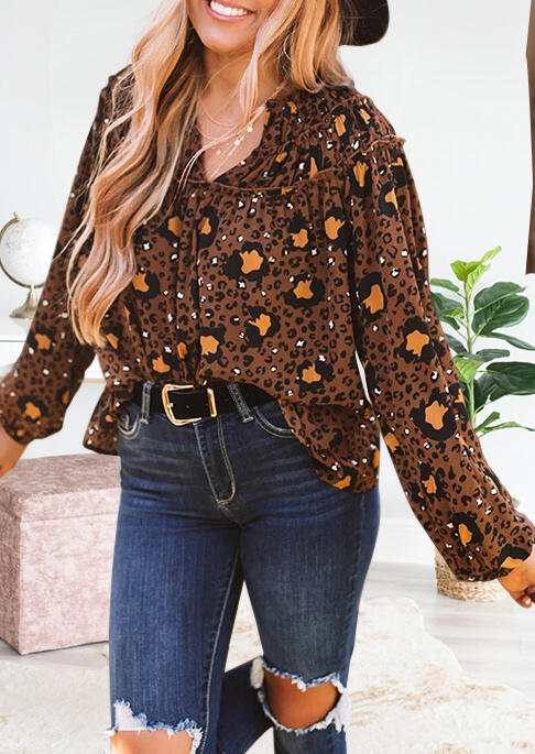 

Leopard Ruffled Long Sleeve V-Neck Blouse, 486441