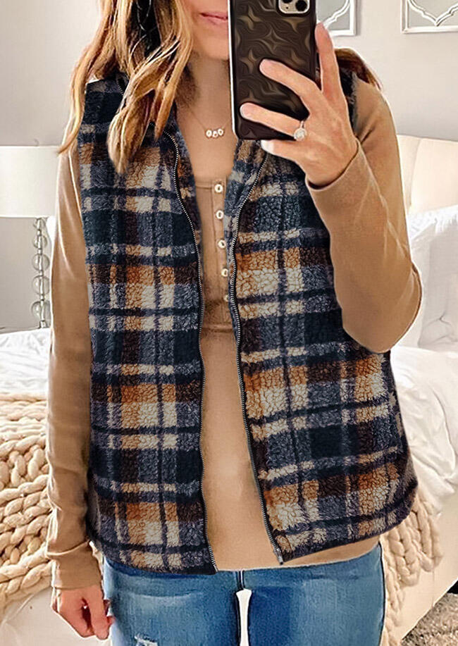 

Plaid Zipper Sleeveless Warm Fleece Vest Coat, 486452