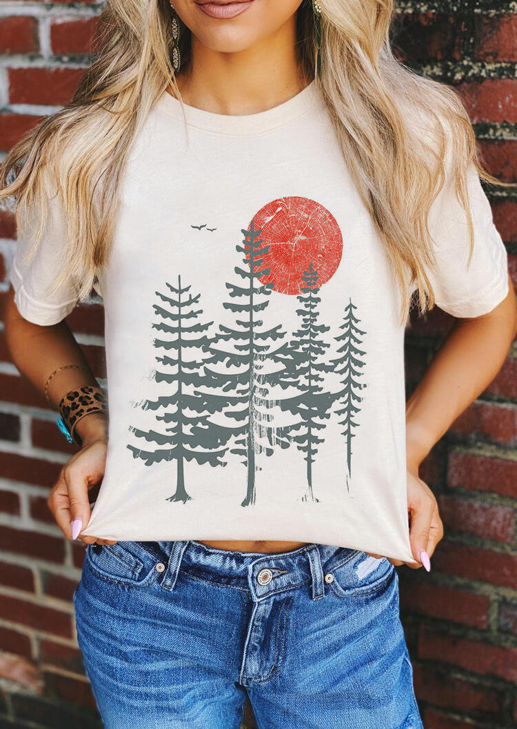 

Evergreen Tree Sun O-Neck T-Shirt Tee - White, 486481