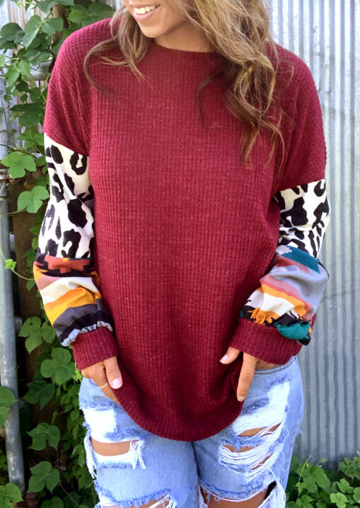 

Blouses Leopard Splicing Long Sleeve Blouse in Burgundy. Size