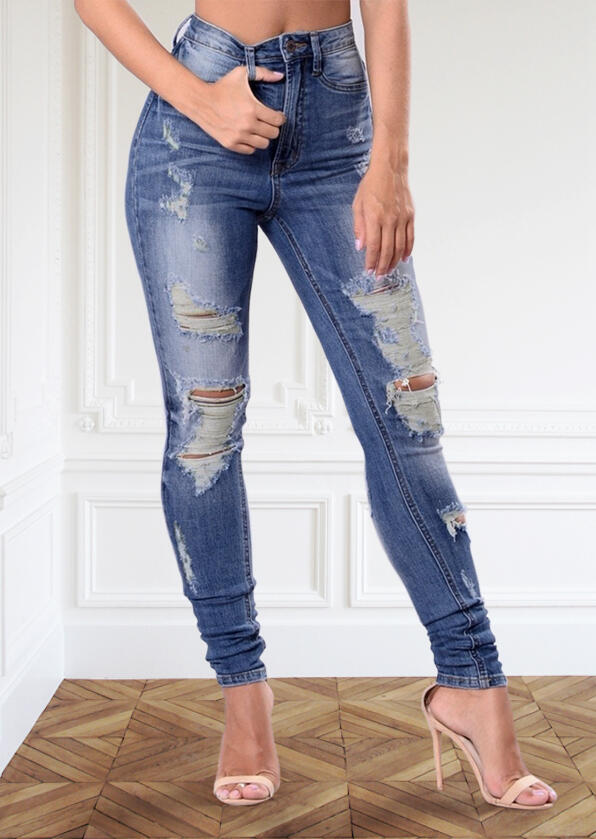 

Hollow Out Ripped Pocket Zipper Button Denim Jeans - Blue, 486502