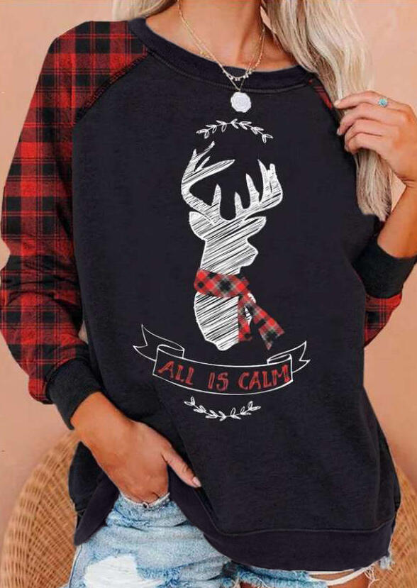 

Blouses Christmas Reindeer Buffalo Plaid Raglan Sleeve Blouse in Black. Size