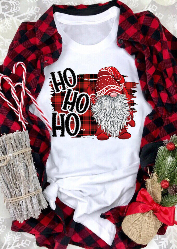 

Christmas Gnomie Ho Ho Ho Plaid T-Shirt Tee - White, 486521