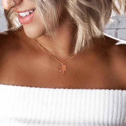 

Hollow Out Cactus Pendant Necklace, Gold;silver, 486535