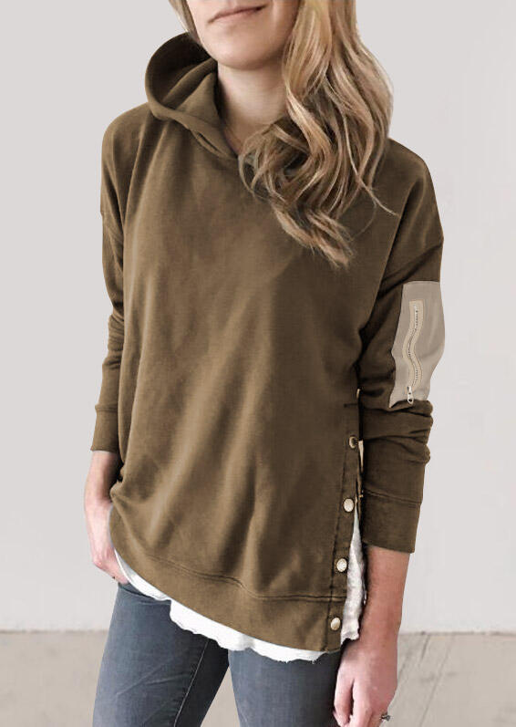 

Hoodies Zipper Pocket Splicing Long Sleeve Hoodie in Army Green. Size