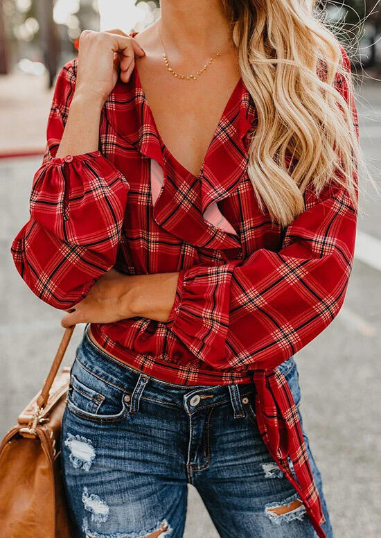 

Christmas Buffalo Plaid Ruffled Button Tie Blouse - Red, 485013