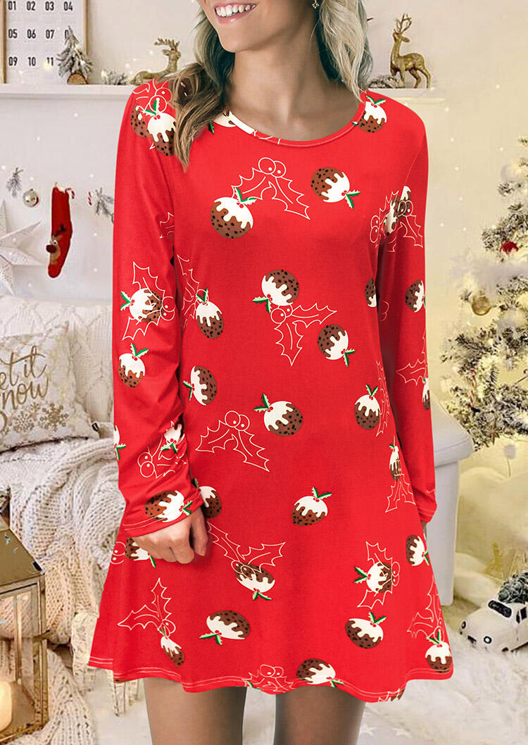 

Mini Dresses Christmas Holly Strawberry Cake O-Neck Mini Dress in Red. Size