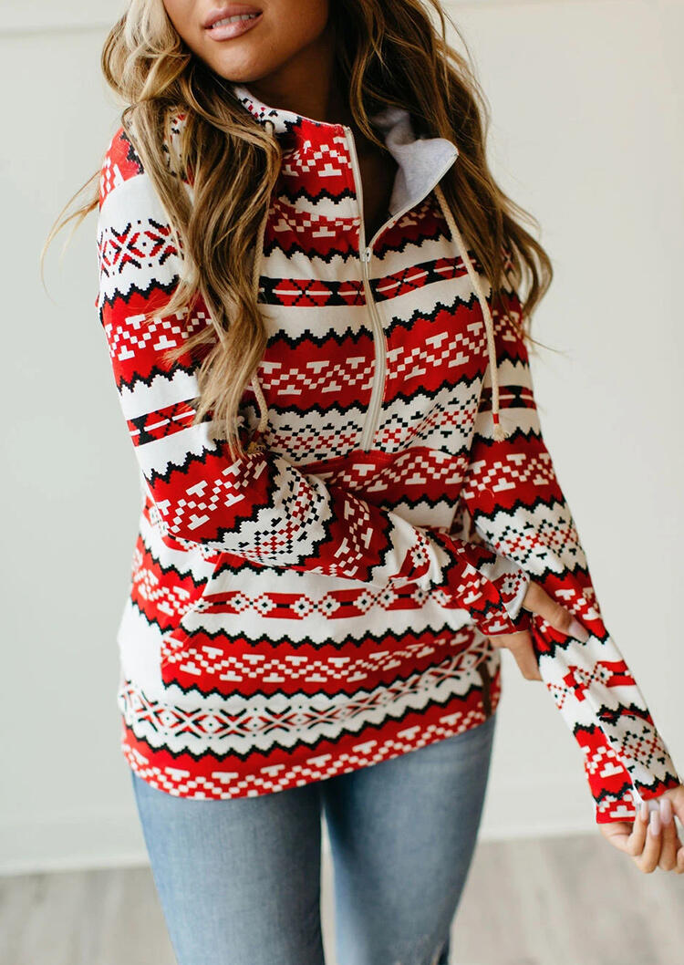 

Hoodies Snowflake Geometric Kangaroo Pocket Drawstring Hoodie in Red. Size