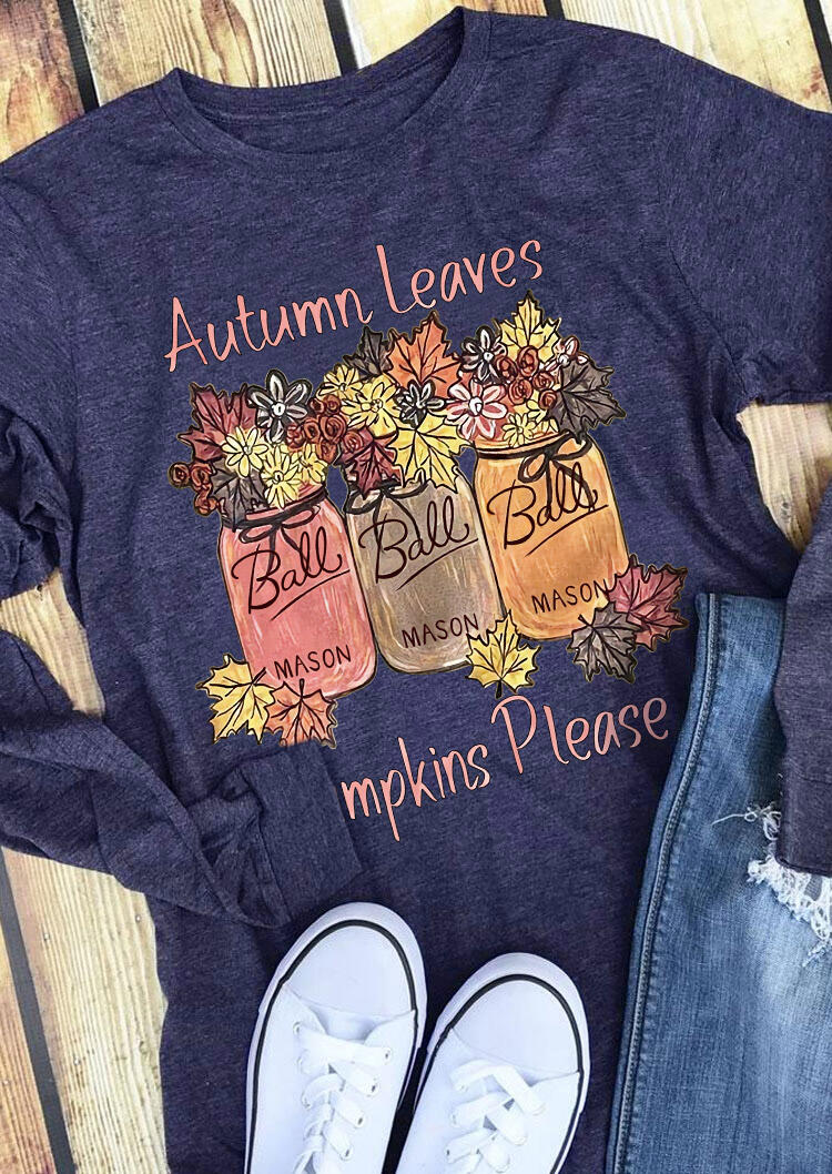 

T-shirts Tees Autumn Leaves Pumpkins Please Floral T-Shirt Tee in Blue. Size