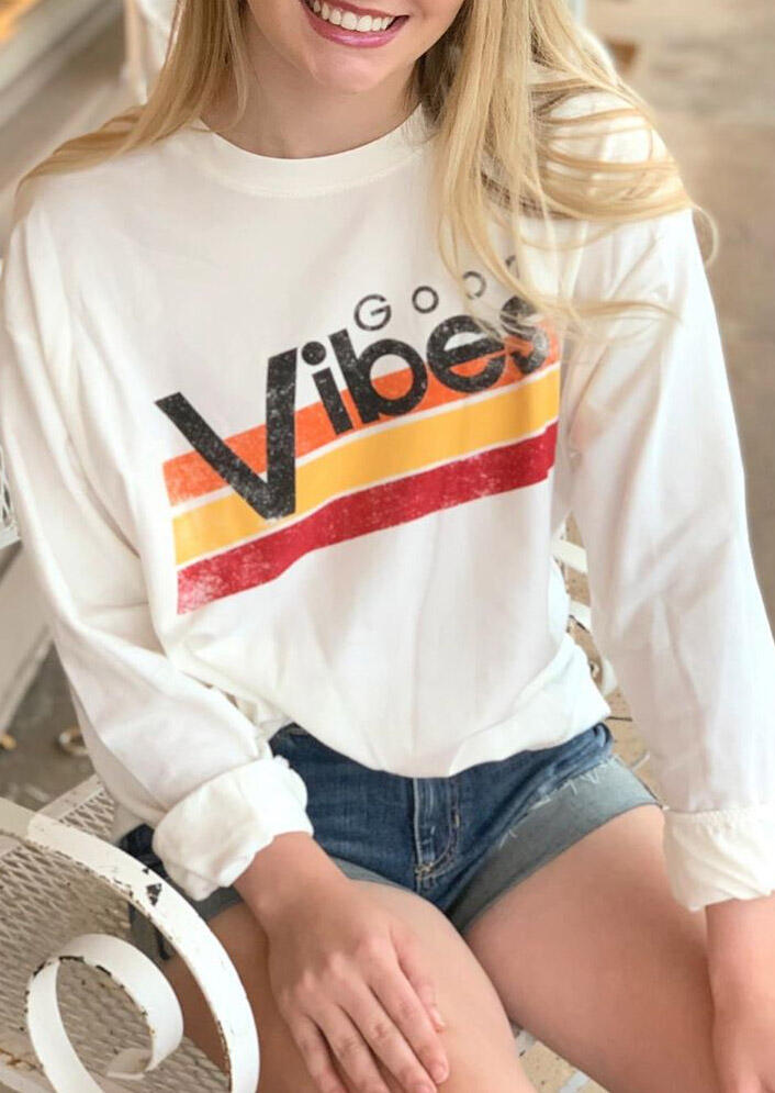 

Sweatshirts Good Vibes Striped Long Sleeve Pullover Sweatshirt in White. Size