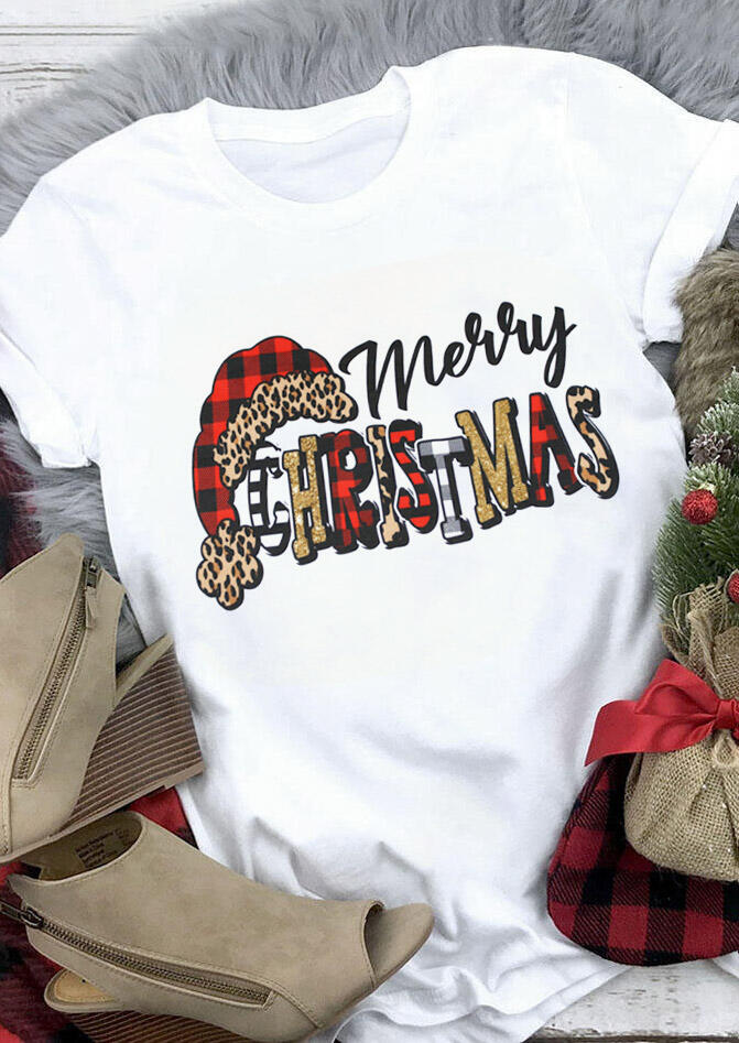 Merry Christmas Buffalo Plaid Leopard T-Shirt Tee - White